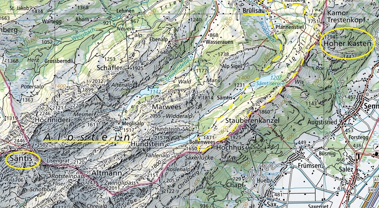: Brülisau (921m) – Vf. Hoher Kasten (1794m) - Pasul Saxerlücke (1662m) - Cab. Bollenwees (1470m) / Lacul Fählensee - Cab. Plattenbödeli (1279m) / Lacul Sämtisersee - Brülisau.